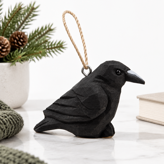 Hand-Carved Raven Crow Wooden Hanging Ornament Rustic Holiday Decor
