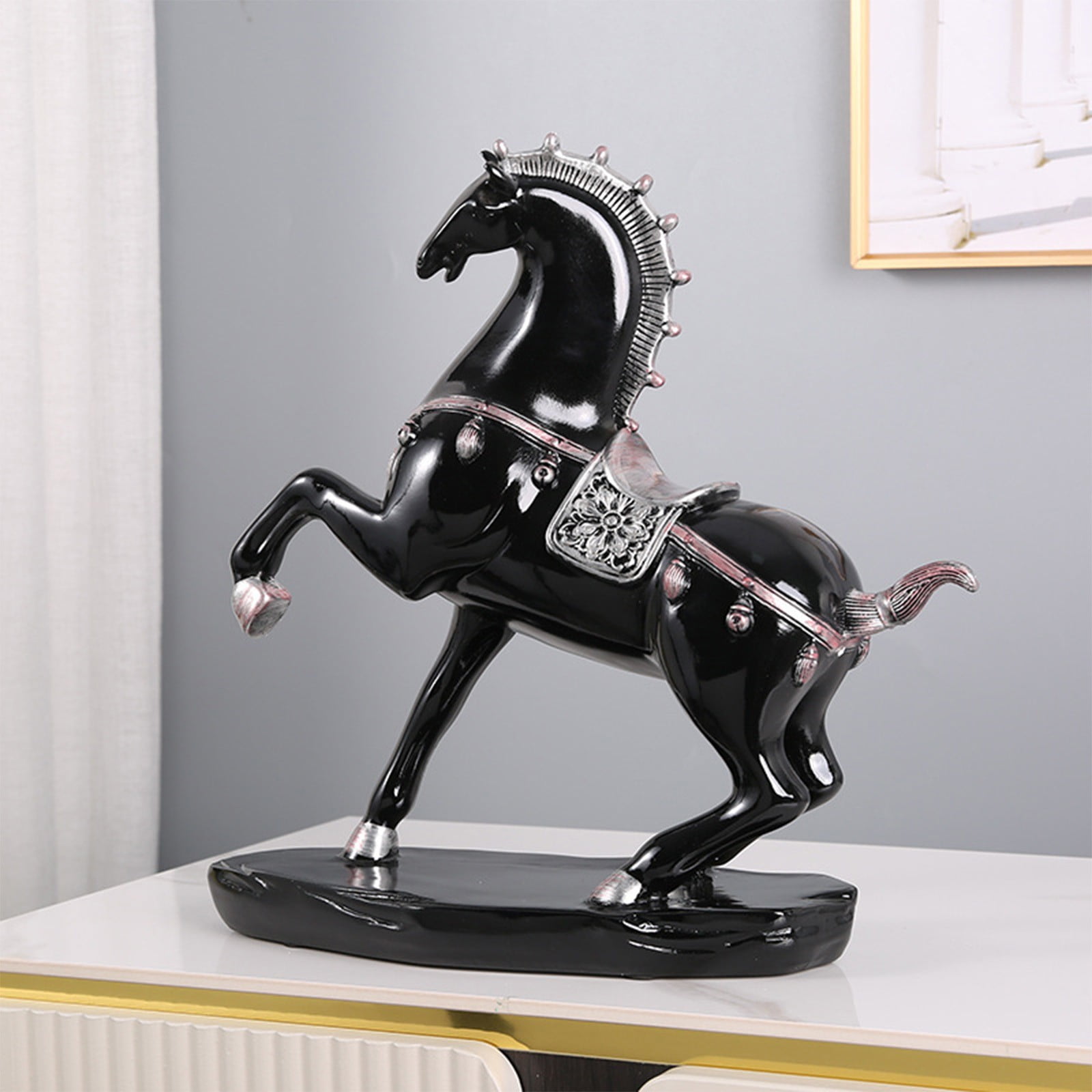 Hand-Carved Resin Horse Statue, Large Desktop Equestrian Art Sculpture – Horse Year Gift for Riders, Office Shelf Home Decor, Stable Base Display Ornament