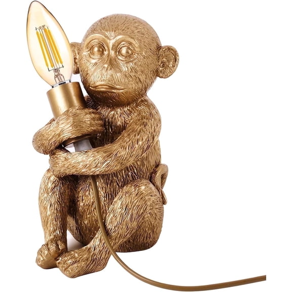 Jorunhe Monkey Table Lamp, Hand-Carved Resin Gold Desk Light for Bedroom Living Room Office, E12 Socket, 7.9 inch (Bulb Not Included)