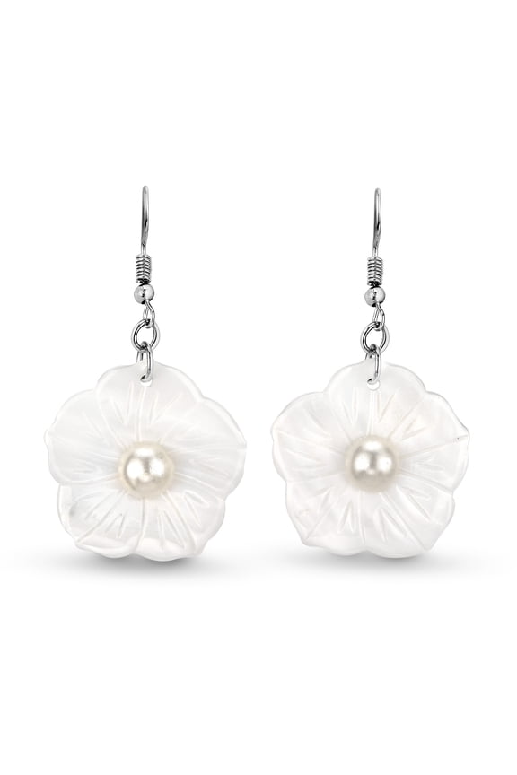 Hand Carved Seashell Tropical Flower with Pearl Inlays Dangle Earrings