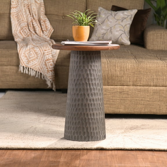 Hand-Carved Solid Wood Accent Table – Natural Mango Wood Side Table with Round Top for Living Room, Bedroom or Entryway – Boho Rustic Modern End Table Gray