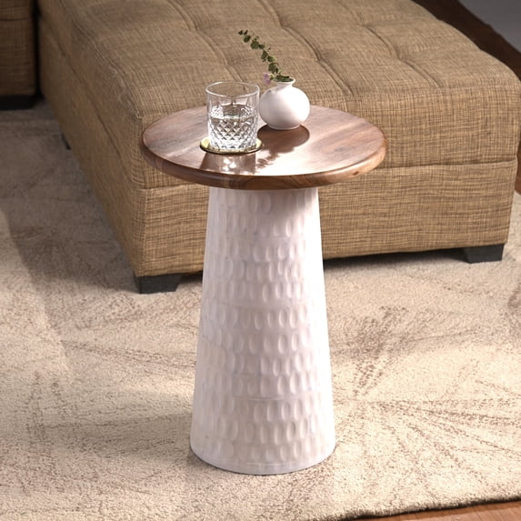 Hand-Carved Solid Wood Accent Table – Natural Mango Wood Side Table with Round Top for Living Room, Bedroom or Entryway – Boho Rustic Modern End Table White