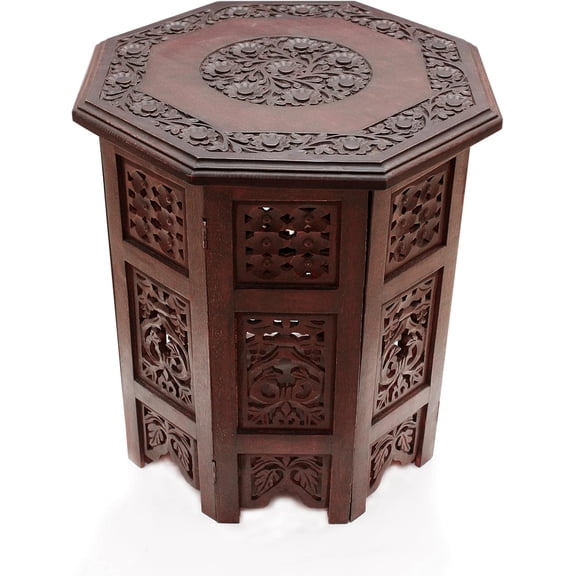 Hand Carved Solid Wood Octagon Accent End Table with Folding Panels