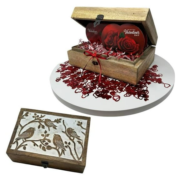 Hand Carved Song Birds Hinged White Wash Rectangle Table Box