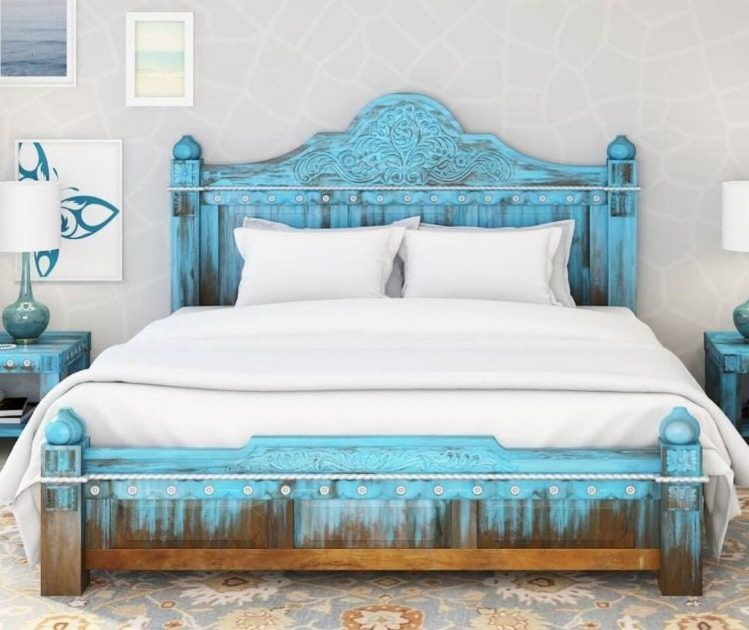 Hand Carved Turquoise Solid Mango Wood Platform Bed Frame king