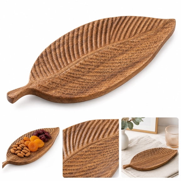 Hand-Carved Walnut Wood Leaf Serving Tray, Decorative Wooden Platter for Fruit, Snacks and Home Decor