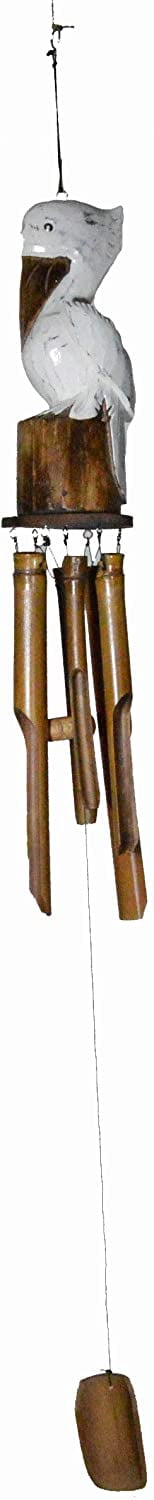 Hand Carved White Wood Pelican Wind Chime Wall Art Hang ON Wood Piling, Tropical Nautical Cottage Decor