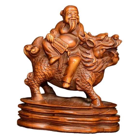 Hand Carved Wood Decor Piece Wooden Figurine Han Zhongli Taoist Immortal Statue Celestial Blessing Divine Harmony Auspicious
