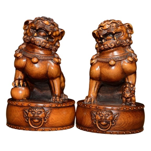 Hand Carved Wood Decor Piece Wooden Handcarved Chinese Foo Dog Pair Guardian Lion Accent Protection Blessing Security Loyalty