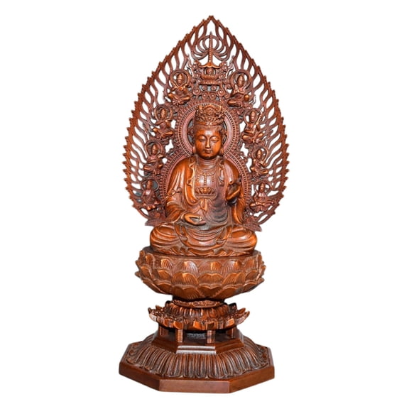 Hand Carved Wood Decor Piece Wooden Handcarved Guanyin Statue Detachable Oriental Flame Halo Lotus Mercy Salvation Grace