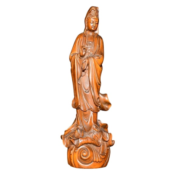 Hand Carved Wood Decor Piece Wooden Statue Base Benevolence Nurture Blessing Serenity Purification Gracefulness Auspiciousness