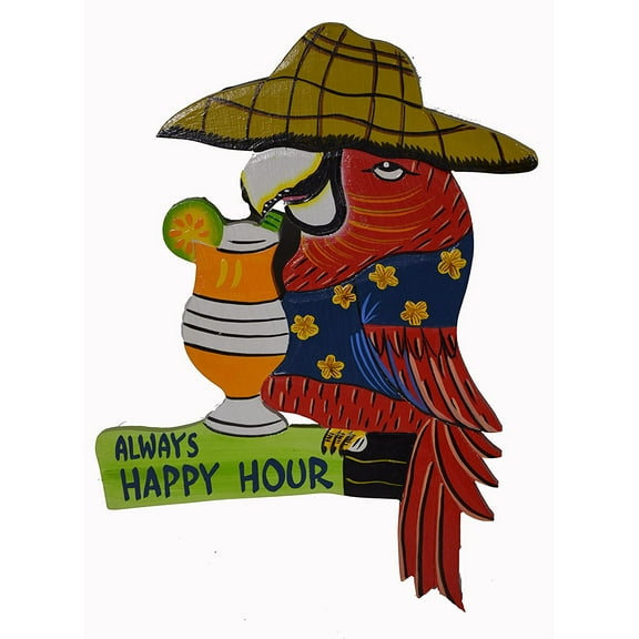 Hand Carved Wooden ALWAYS HAPPY HOUR Cocktails Parrot IN STRAW HAT Drinking BEACH Sign