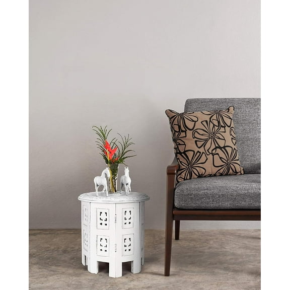 Hand Carved Wooden Accent Table, 12" Round x 12" High, White Antique Finish