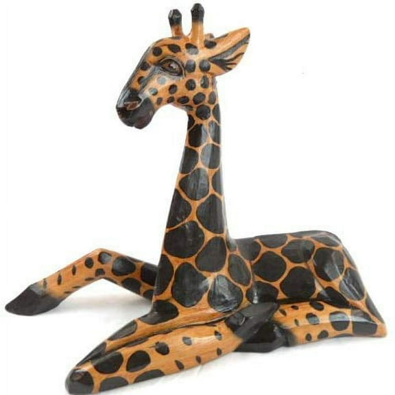 Hand Carved Wooden African Baby Giraffe Statue Laying Down