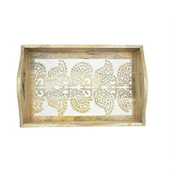 Hand Carved Wooden Breakfast Serving Tray with Handle for Breakfast Tea Snack Dessert | Kitchen Dining Serve-Ware Accessories | 15 x 10 Inches | 2050