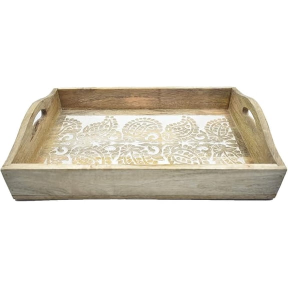 Hand Carved Wooden Breakfast Serving Tray with Handle for Breakfast Tea Snack Dessert | Kitchen Dining Serve-Ware Accessories | 15 x 10 Inches | 2050
