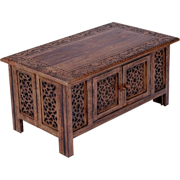 Hand-Carved Wooden Coffee Table  36 x 18 Rectangular Mango Wood Center Table with Storage, Natural Burnt Finish, Living Room & Accent Table