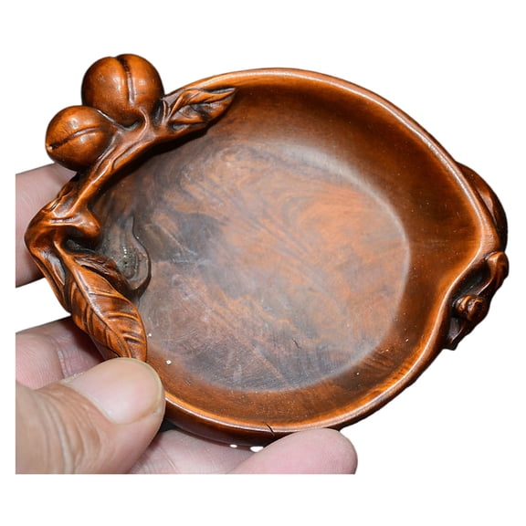 Hand Carved Wooden Figurine Longevity Peach Brush Washer Chinese Oriental Traditional Scholar S Vessel Gift Home Lustrous