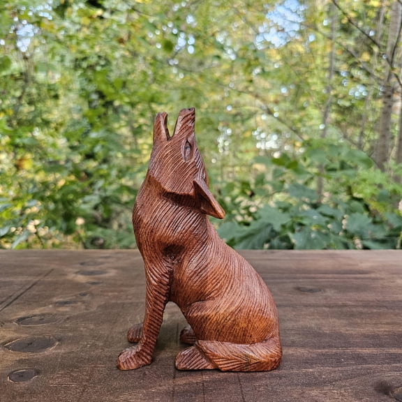 Hand Carved Wooden Howling Wolf Figurine Realistic Animal Statue, Rustic Woodland Cabin Home Decor, Wildlife Sculpture Gift