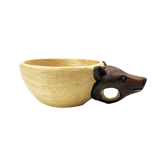Hand Carved Wooden Kuksa Cup with Animal Handle, Portable Finnish Style Wood Mug for Camping, Hiking, Outdoor Use, Food-Grade Wood Drinking Cup with Multiple Designs