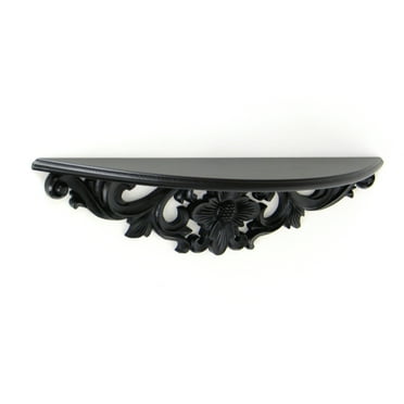 Hand Carved Wooden Moonbay Wall Shelf in Floral Design, Black - Saltoro Sherpi
