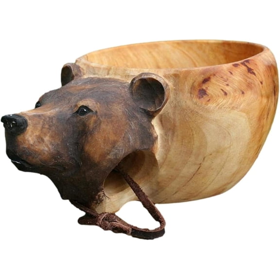 Hand Carved Wooden Mug ,Animals Head Image Cup, Large-Capacity Rubber Wooden Water Coffee Cup Water Cup Custom Wooden Cup, Outdoor Camping ( Color : Brown Bear )