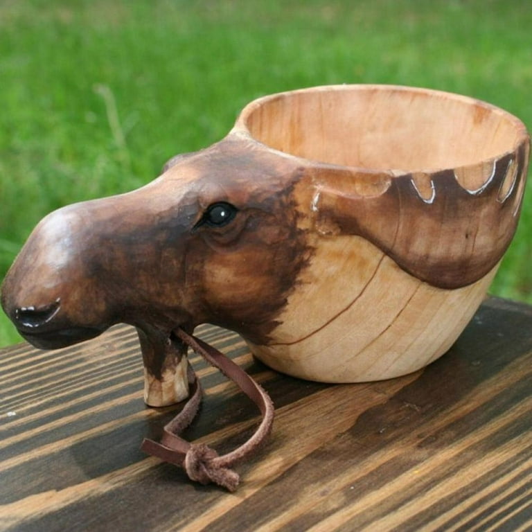 Hand Carved Wooden Mug,Kuksa Guksi Animals Head Image Cup, for Travelers,Outdoor Camping,Bushcraft Drinking Camp Cup,Nice Gift for Who Likes Nature