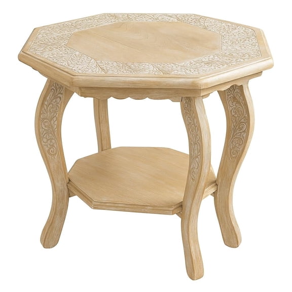 Hand Carved Wooden Octagon Coffee Table, 24"x24"x18" White wash Farmhouse Accent End Table, Rustic Foldable Side Table Nightstand for Bedroom, Dining Room & Living Room