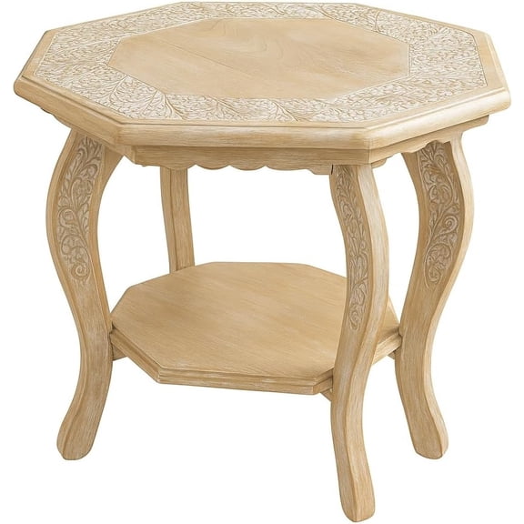 Hand Carved Wooden Octagon Coffee Table, 24"x24"x18" White wash Farmhouse Accent End Table, Rustic Foldable Side Table Nightstand for Bedroom, Dining Room & Living Room