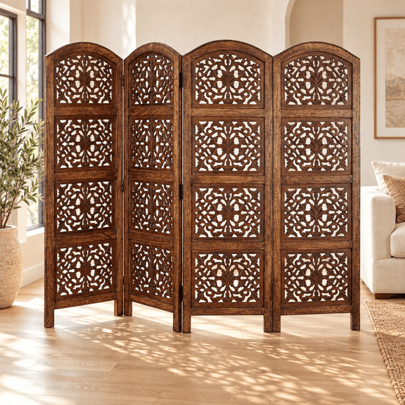 Hand-Carved Wooden Room Divider, 4-Panel Folding 64” x 48”, Reversible Privacy Screen for Home & Office, Burnt Brown