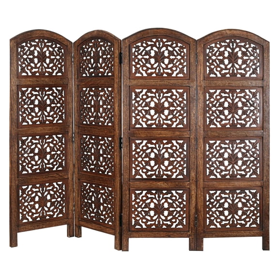 Hand-Carved Wooden Room Divider, 4-Panel Folding 64” x 48”, Reversible Privacy Screen for Home & Office, Burnt Brown