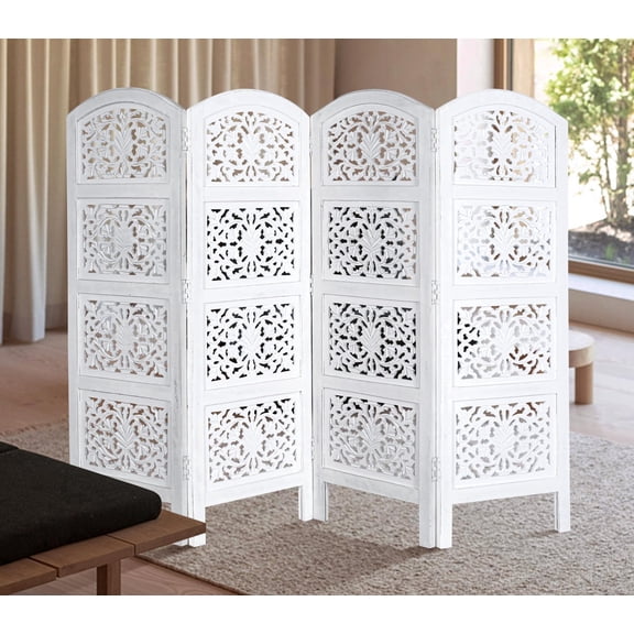 Hand-Carved Wooden Room Divider, 4-Panel Folding 64” x 48”, Reversible Privacy Screen for Home & Office, White