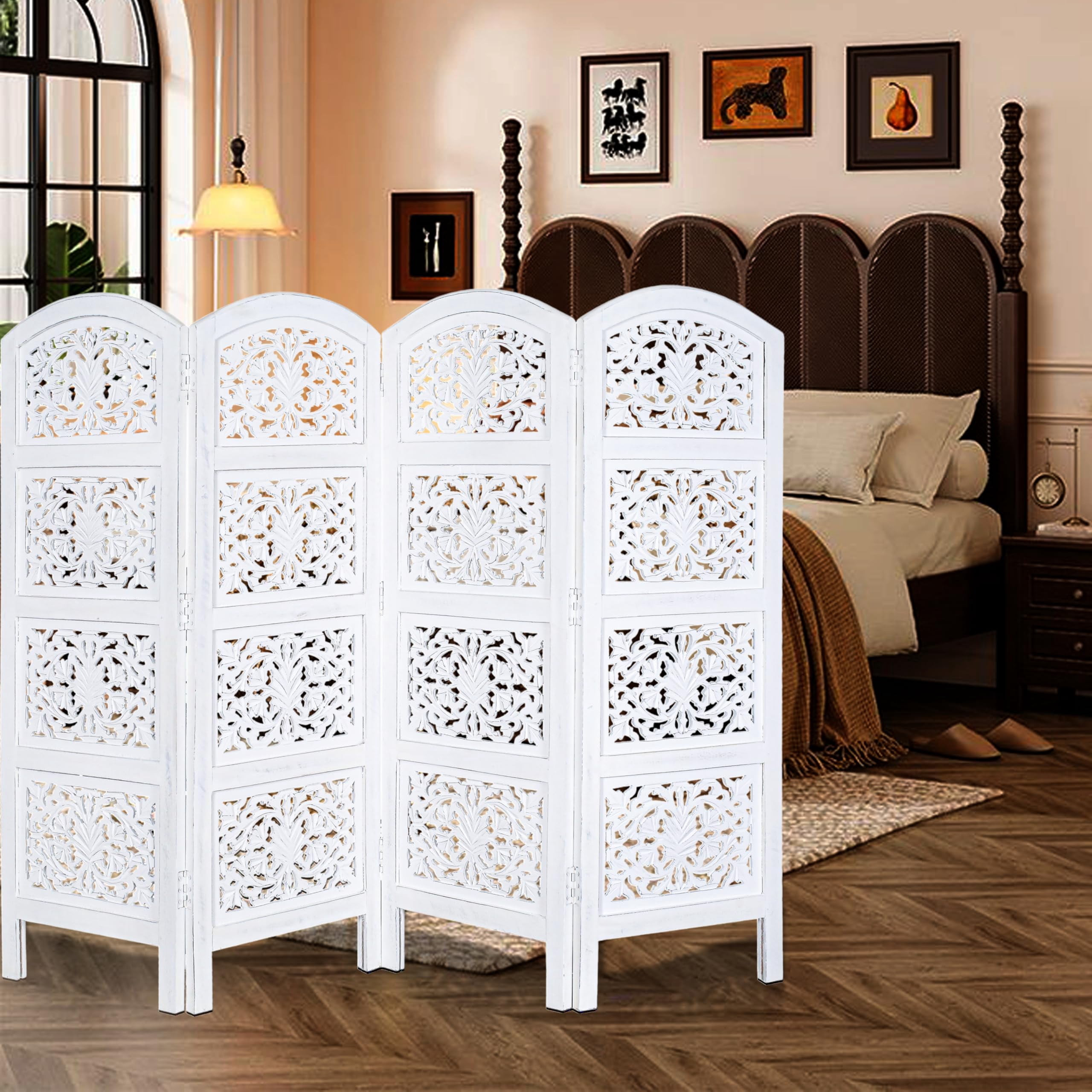 Hand-Carved Wooden Room Divider, 4-Panel Folding 64” x 48”, Reversible Privacy Screen for Home & Office, White