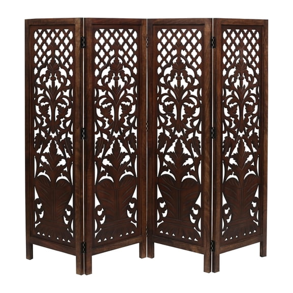 Hand-Carved Wooden Room Divider, 4-Panel Folding 64 x 54, Reversible Privacy Screen for Home & Office, Burnt Brown