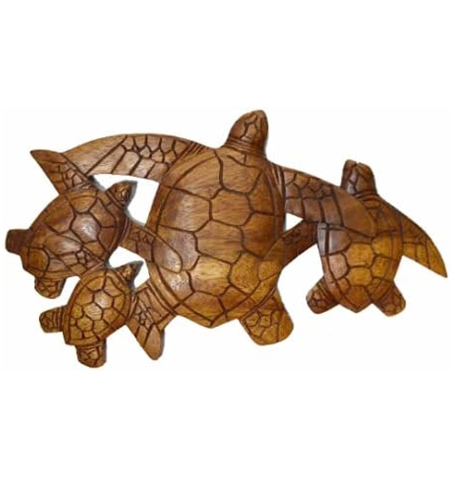 Hand Carved Wooden Sea Turtle Wall Art - Family Sculpture Plaque