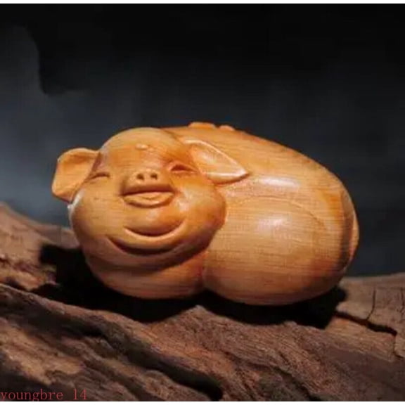 Hand Carved Wooden Smiling Pig Statue Folk Art Decorative Wooden Pig -
