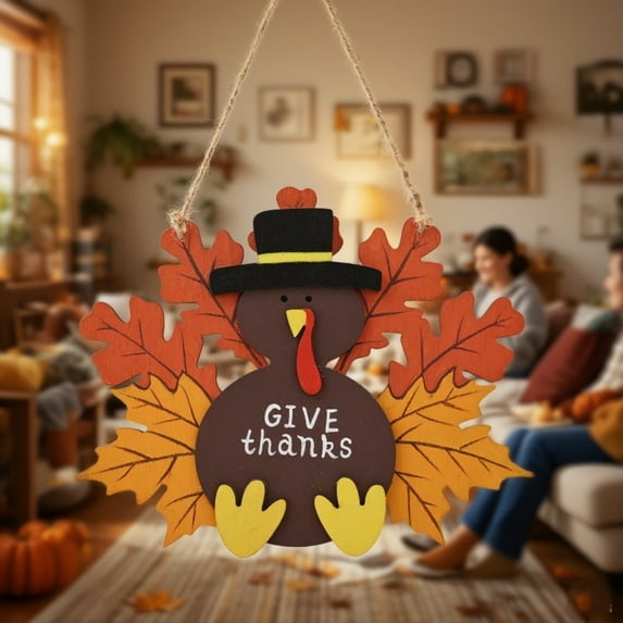 Hand-Carved Wooden Turkey Door Hanger - Thanksgiving Fall Decor for Indoor & Outdoor, Premium Holiday Front Door Ornament with Rustic Farmhouse Style colours