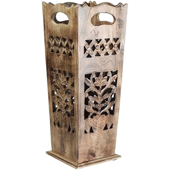 Hand-Carved Wooden Umbrella Stand & Walking Cane Holder | 21 Inch Tall Decorative Umbrella Rack for Entryway, Home & Office | Rustic Floor Storage Organizer$$Home Decor, Kitchen, & Other