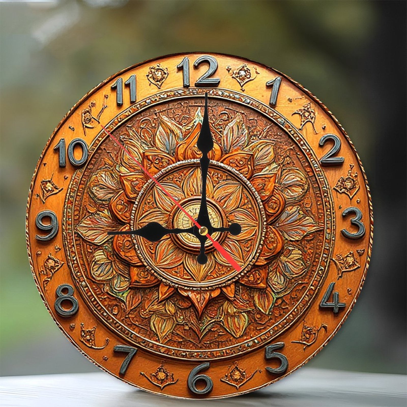 Hand Carved Wooden Wall Clock Orange Mandala Design 10-Inch Silent ...