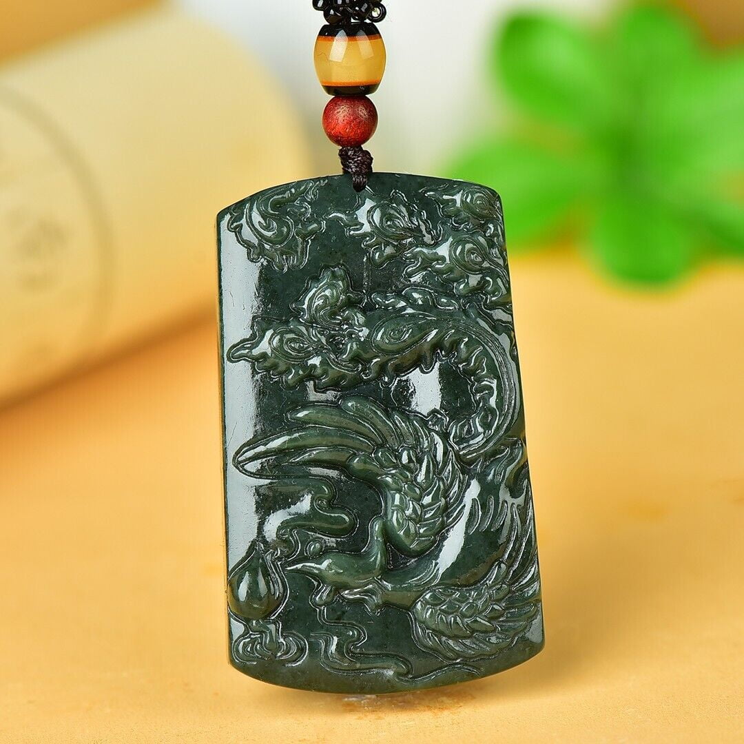 JONJUMP Hand Carving Animal Lotus Flower Phoenix Pendant Chinese Hetian Gray Jade