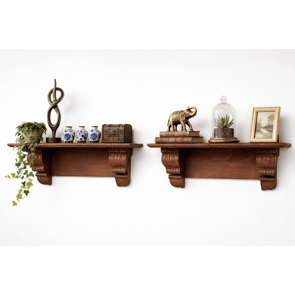 Hand Carving  Mango Wood Floating Wall Hanging Bracket Wall Shelves For Living room Bed Room Wall Hanging Shelves 24" x 6"  x 8"