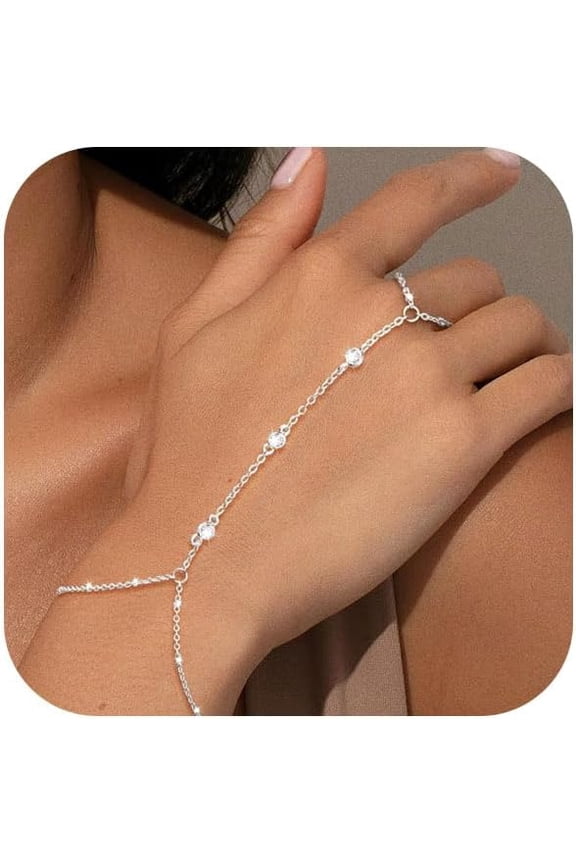 Hand Chain Bracelet for Women Dainty 14K Gold/Silver Plated Ring Chain Cubic Zirconia CZ Beaded Station Bracelet Trendy Simple Fashion Body Jewelry Waterproof Gifts for Her