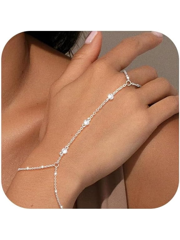 Hand Chain Bracelet for Women Dainty 14K Gold/Silver Plated Ring Chain Cubic Zirconia CZ Beaded Station Bracelet Trendy Simple Fashion Body Jewelry Waterproof Gifts for Her