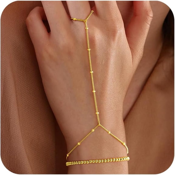 Hand Chain Bracelet for Women -Valentine's Day gift Dainty 14K-Gold-Plated Finger Ring Hand Chains Layered Trendy Link Bracelets Jewelry Gifts for Women
