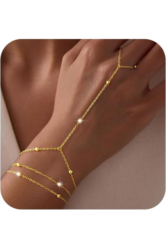 Hand Chain Bracelet for Women -Valentine's Day gift Dainty 14K-Gold-Plated Finger Ring Hand Chains Layered Trendy Link Bracelets Jewelry Gifts for Women