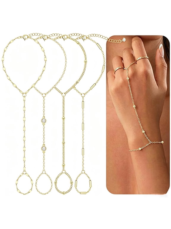 Hand Chain Bracelets for Women, 4 Pcs Adjustable Gold Layered Hand Harness Ring Bracelet Set, Finger Ring Bracelet Jewelry for Daily Party Prom Beach Wedding Gift