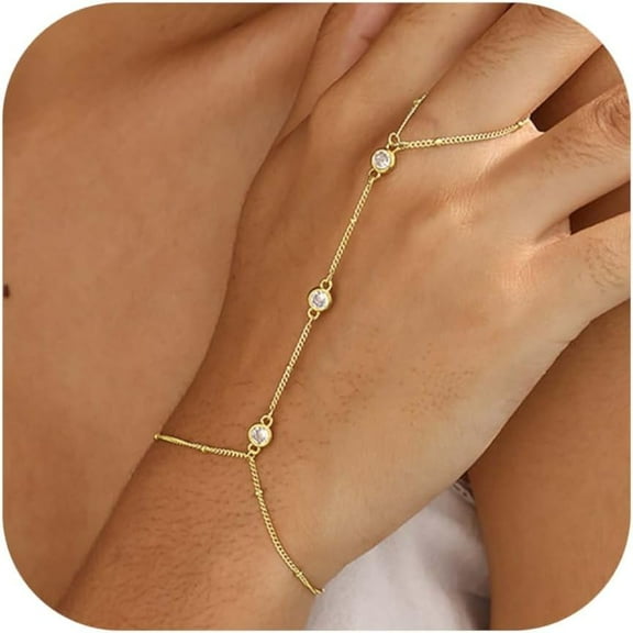 Hand Chain Gold Bracelets for Women Dainty Gold Plated Finger Ring Zircon Adjustable Hand Chain Jewelry for Women Trendy Bracelets for Women Trendy Gold Hand Chain