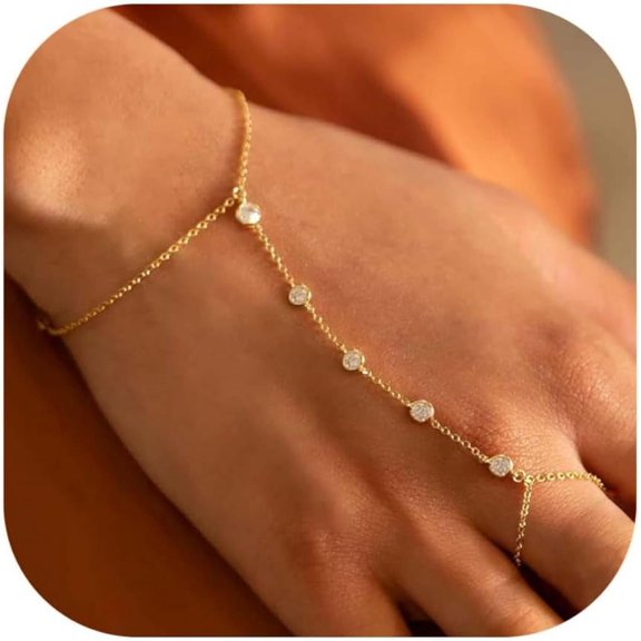 Hand Chain Gold Bracelets for Women Dainty Gold Plated Finger Ring Zircon Adjustable Hand Chain Jewelry for Women Trendy Bracelets for Women Trendy Gold Hand Chain