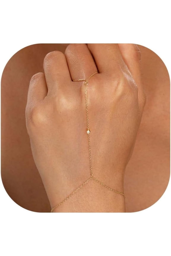 Hand Chain Gold Bracelets for Women Dainty Gold Plated Finger Ring Zircon Adjustable Hand Chain Jewelry for Women Trendy Bracelets for Women Trendy Gold Hand Chain