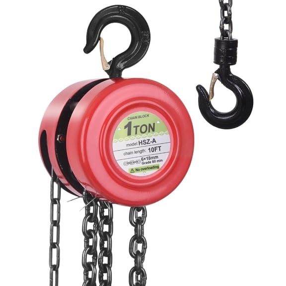 Hand Chain Hoist, 1 Ton/2200 lbs Capacity, Heavy Duty Steel Chain Fall Hoist with 10 Ft Lifting Height, Manual Chain Block Hoist with 2 Chain Hooks for Lifting Good in Transport & Workshop